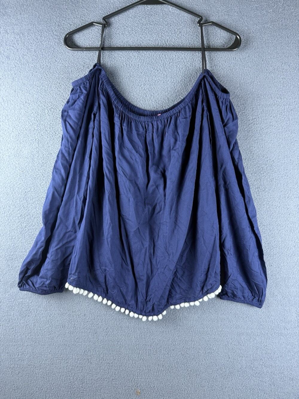 Lilly Pulitzer Top Delaney off-the-shoulder Navy With White Pom Poms Sz Small